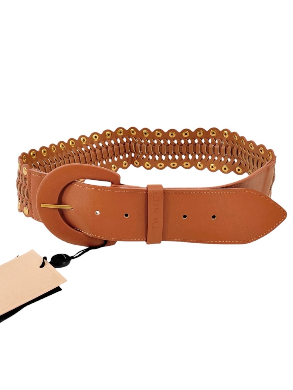 NWT Twinset Light Brown Bovine Leather Gold Studded Woven Leather Belt